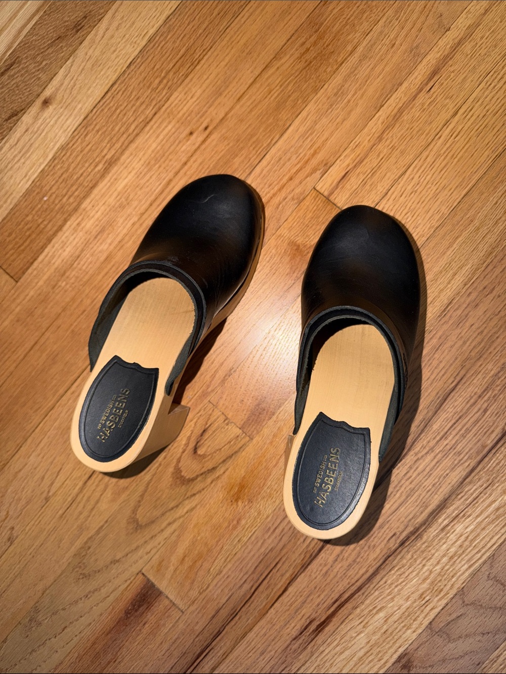 Swedish Hasbeens Black Leather Clogs with Natural Wood Sole